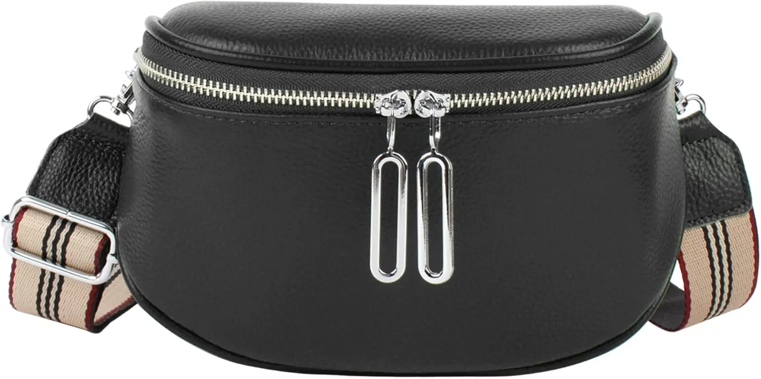 Women Girls Leather Fanny Pack Glitter Rhinestone Tassel Crossbody Shoulder Bag Rivet Chest Bag Fashion Waist Bag (7369 Black)