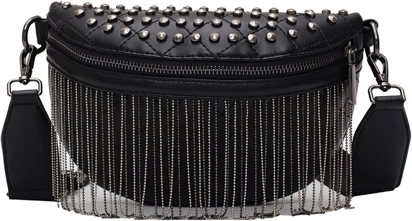 Women Girls Leather Fanny Pack Glitter Rhinestone Tassel Crossbody Shoulder Bag Rivet Chest Bag Fashion Waist Bag