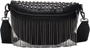 Women Girls Leather Fanny Pack Glitter Rhinestone Tassel Crossbody Shoulder Bag Rivet Chest Bag Fashion Waist Bag