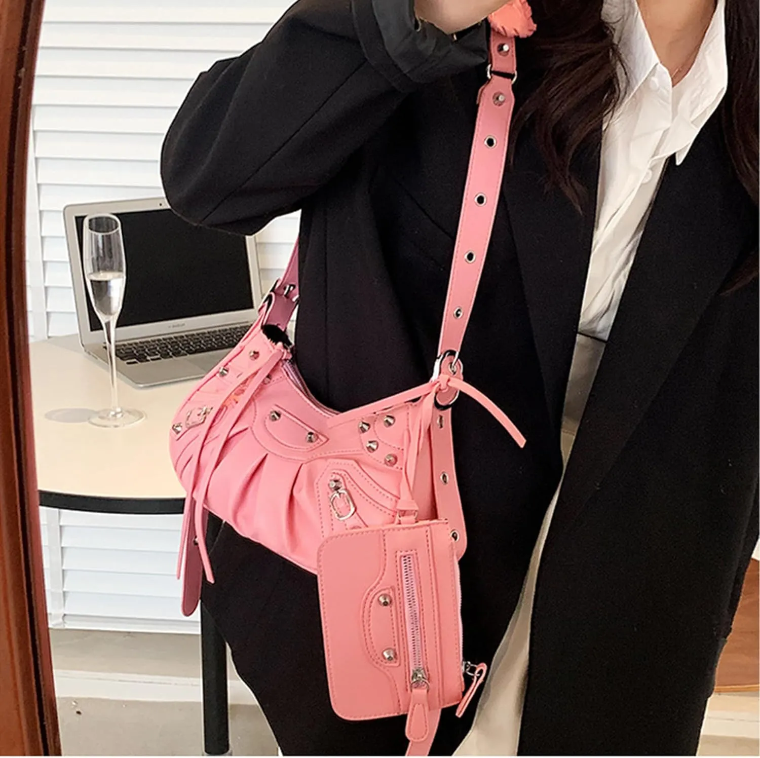 Women PU Leather Rivet Punk Crossbody Purse Retro Classic Clutch Rivet Satchel Underarm Bag Y2K Shoulder Bag