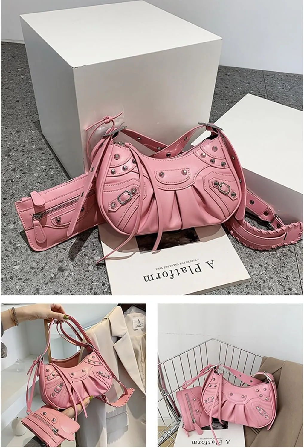 Women PU Leather Rivet Punk Crossbody Purse Retro Classic Clutch Rivet Satchel Underarm Bag Y2K Shoulder Bag