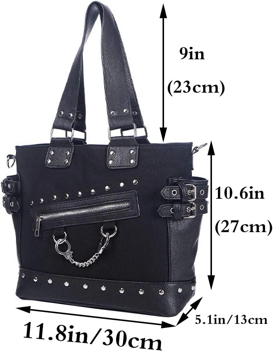 Women Punk Rivet Handbag Purse Canvas Tote Shoulder Crossbody Bag Large Capacity Satchel Black