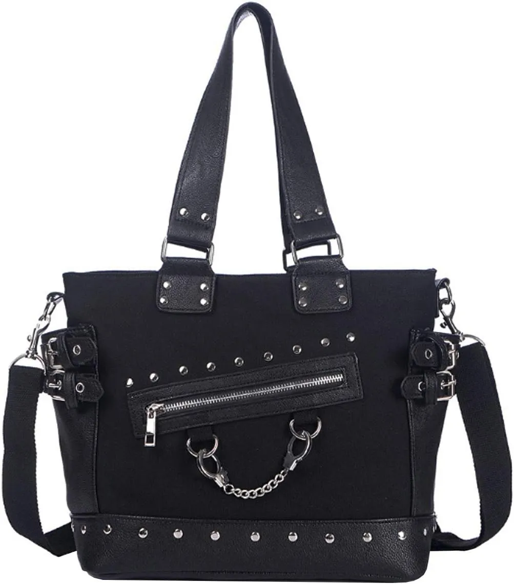 Women Punk Rivet Handbag Purse Canvas Tote Shoulder Crossbody Bag Large Capacity Satchel Black
