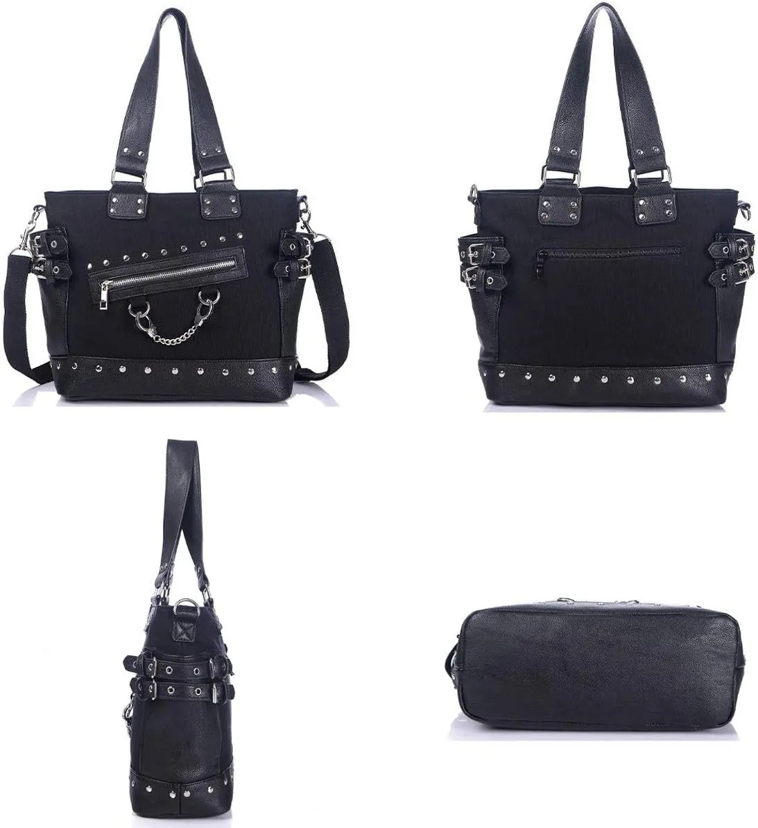Women Punk Rivet Handbag Purse Canvas Tote Shoulder Crossbody Bag Large Capacity Satchel Black