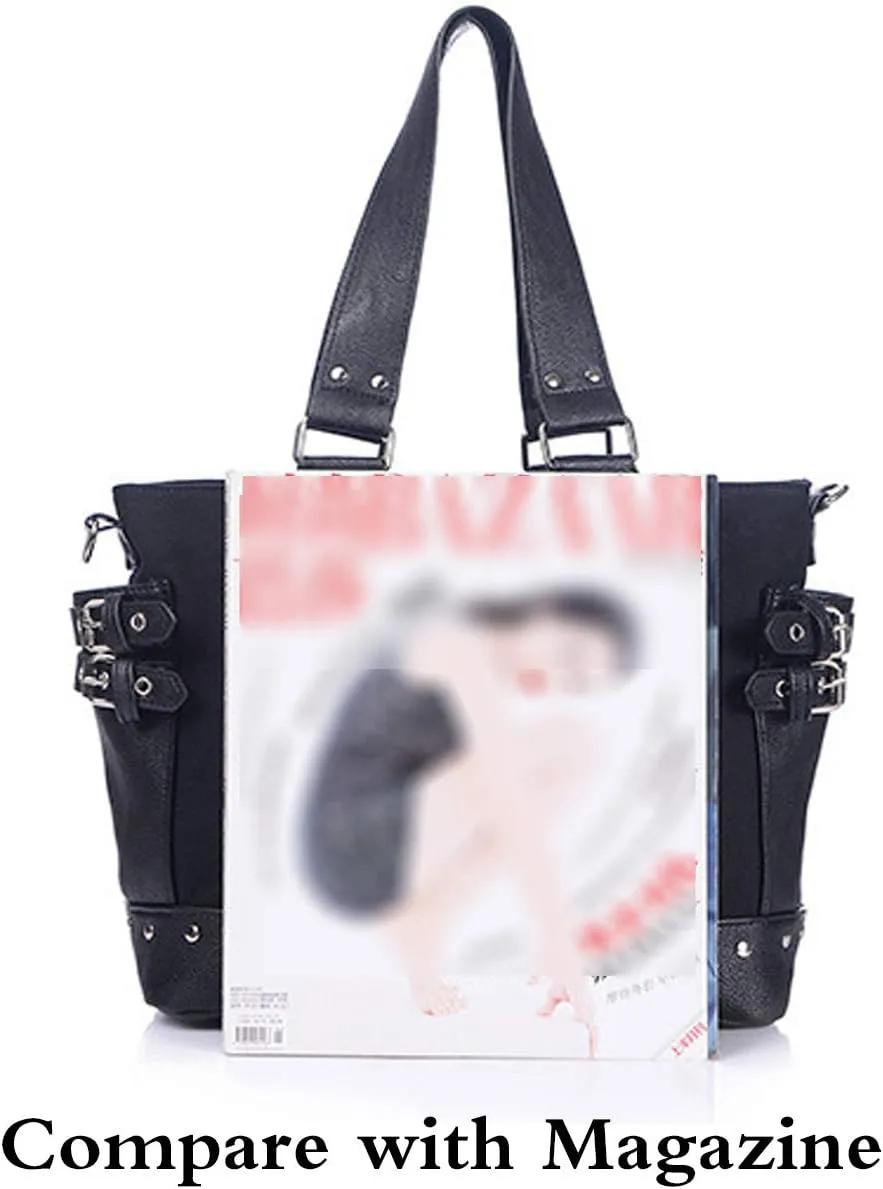 Women Punk Rivet Handbag Purse Canvas Tote Shoulder Crossbody Bag Large Capacity Satchel Black