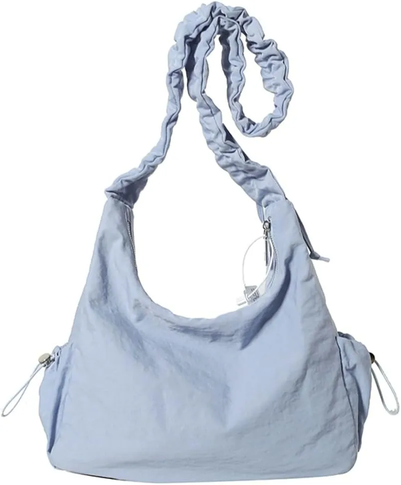 Women Tote Bags Casual Solid Crossbody Armpit Bag Nylon Shoulder Handbag Pleated Drawstrings Crossbody Purse