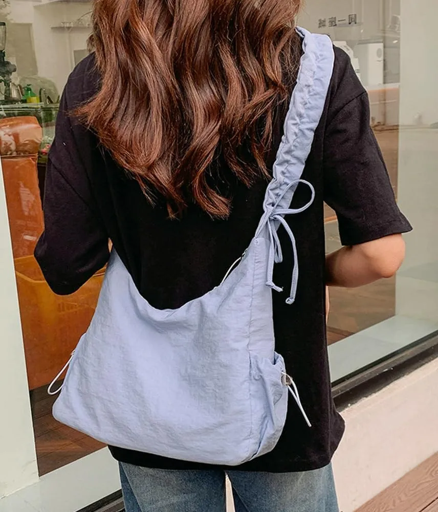 Women Tote Bags Casual Solid Crossbody Armpit Bag Nylon Shoulder Handbag Pleated Drawstrings Crossbody Purse