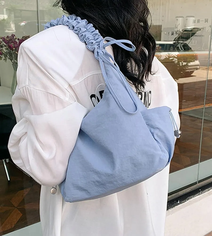 Women Tote Bags Casual Solid Crossbody Armpit Bag Nylon Shoulder Handbag Pleated Drawstrings Crossbody Purse