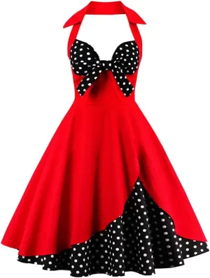 Women Vintage Polka Dot 1950s Rockabilly Halter Audrey Dress Retro Floral Evening Cocktail Swing Dress