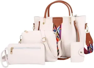 Women's 4-Piece Handbag Set with Colorful Strap, PU Leather Tote, Crossbody, Wallet and Clutch