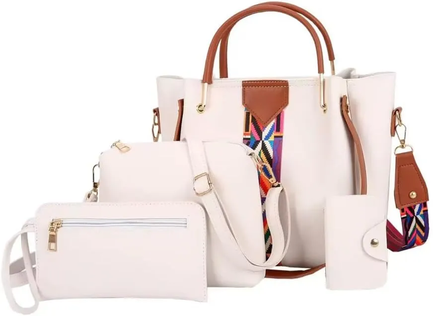 Women's 4-Piece Handbag Set with Colorful Strap, PU Leather Tote, Crossbody, Wallet and Clutch