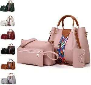 Women's 4-Piece Handbag Set with Colorful Strap, PU Leather Tote, Crossbody, Wallet and Clutch