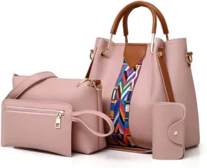 Women's 4-Piece Handbag Set with Colorful Strap, PU Leather Tote, Crossbody, Wallet and Clutch