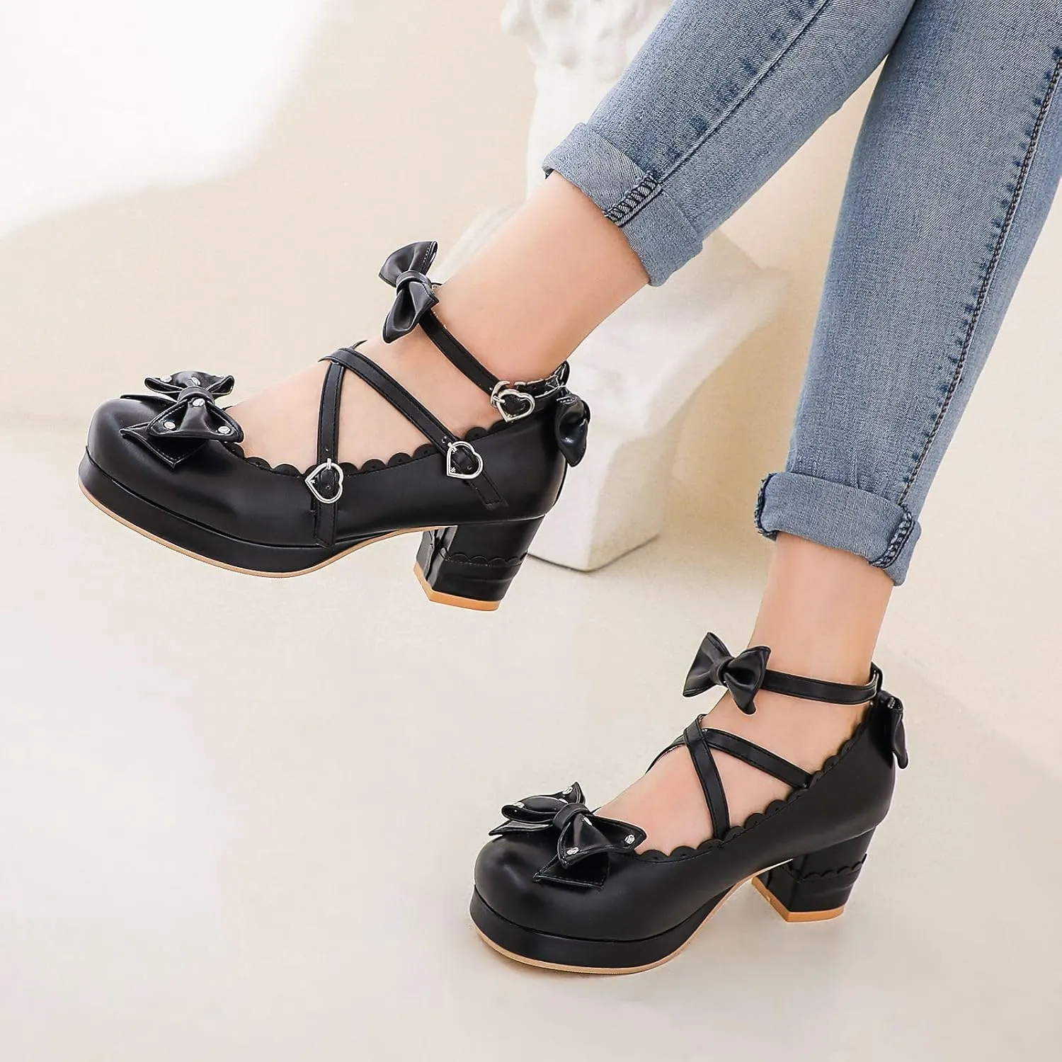 Women's Bow Cute Mary Janes Lolita Shoes, Ankle Strap Block Chunky Kawaii Heels, Closed Toe Cosplay Dress Platform Pumps