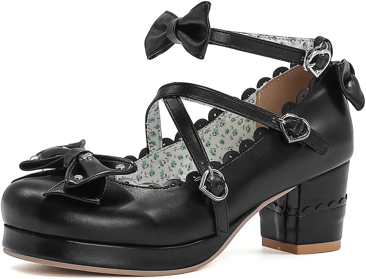 Women's Bow Cute Mary Janes Lolita Shoes, Ankle Strap Block Chunky Kawaii Heels, Closed Toe Cosplay Dress Platform Pumps