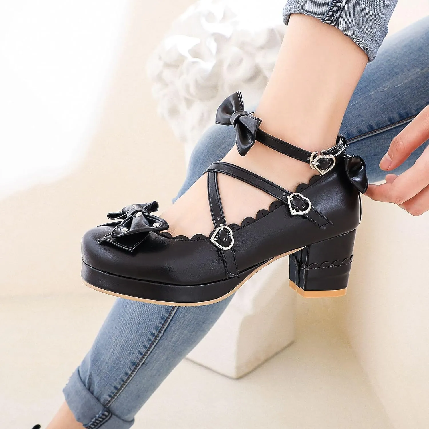 Women's Bow Cute Mary Janes Lolita Shoes, Ankle Strap Block Chunky Kawaii Heels, Closed Toe Cosplay Dress Platform Pumps