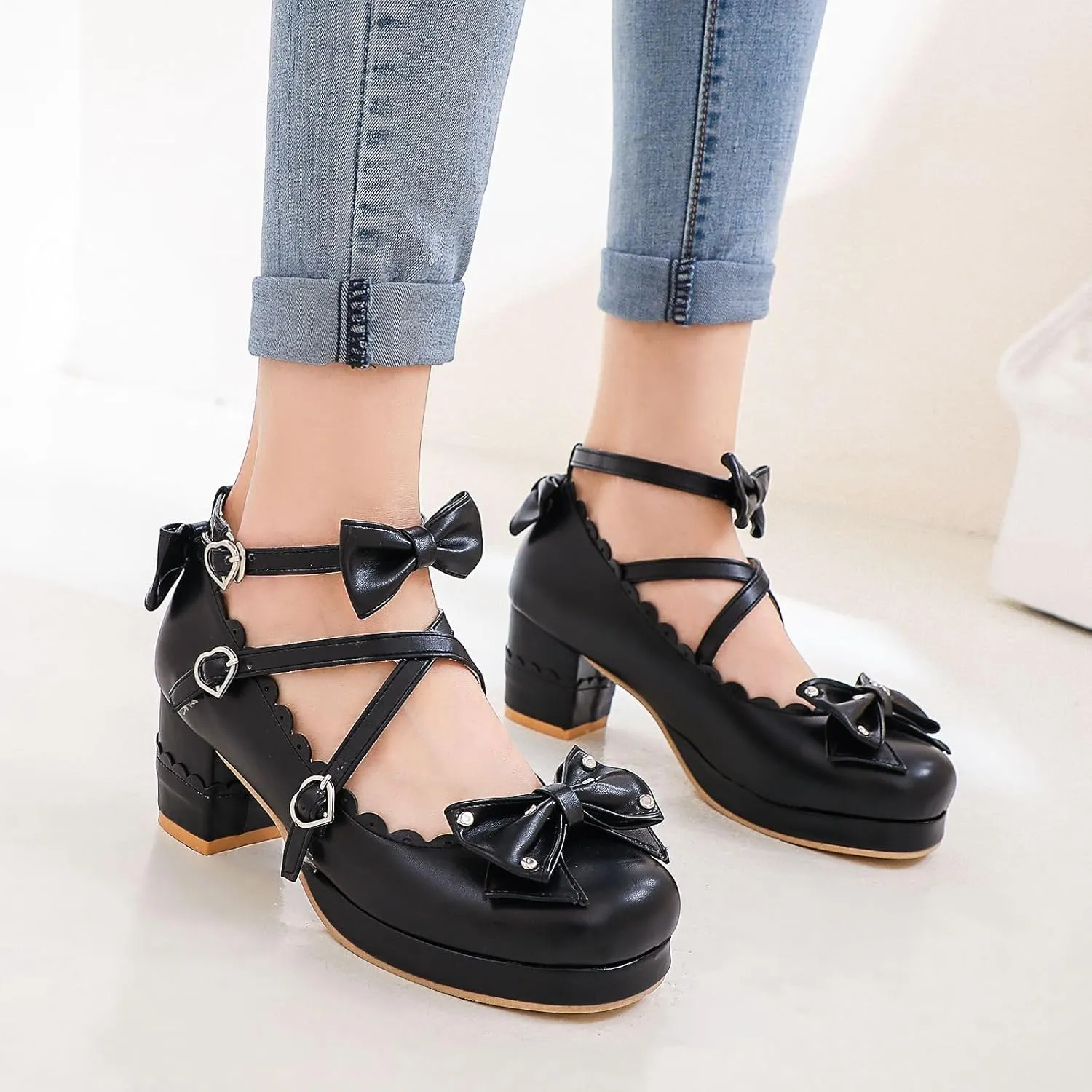 Women's Bow Cute Mary Janes Lolita Shoes, Ankle Strap Block Chunky Kawaii Heels, Closed Toe Cosplay Dress Platform Pumps
