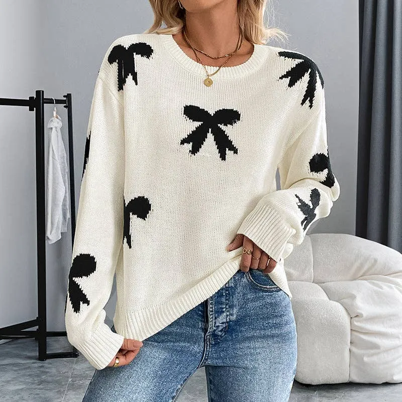 Women's Bow Sweater Long Sleeve Round Neck Knit Sweater
