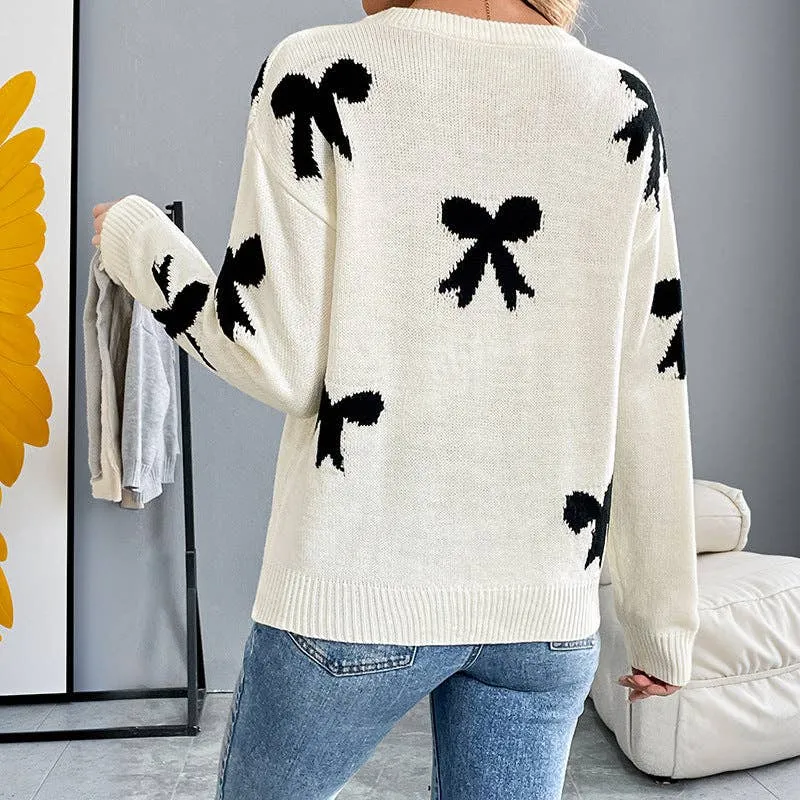 Women's Bow Sweater Long Sleeve Round Neck Knit Sweater