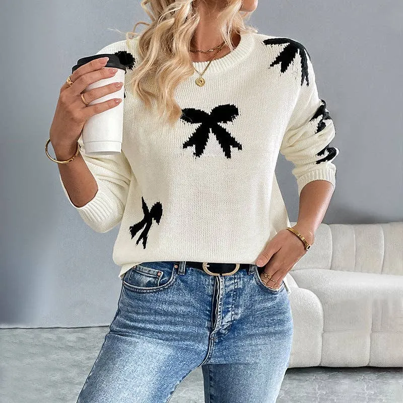 Women's Bow Sweater Long Sleeve Round Neck Knit Sweater