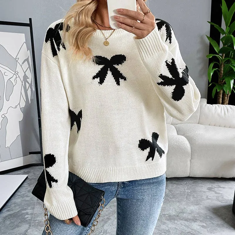 Women's Bow Sweater Long Sleeve Round Neck Knit Sweater