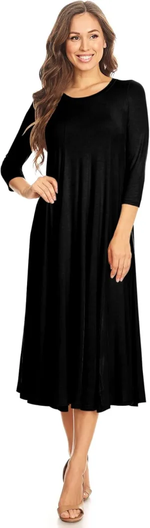 Women's Casual Basic Comfy 3/4 Sleeve Flare A-line Midi Long Maxi Dress Made in USA(S-3XL)