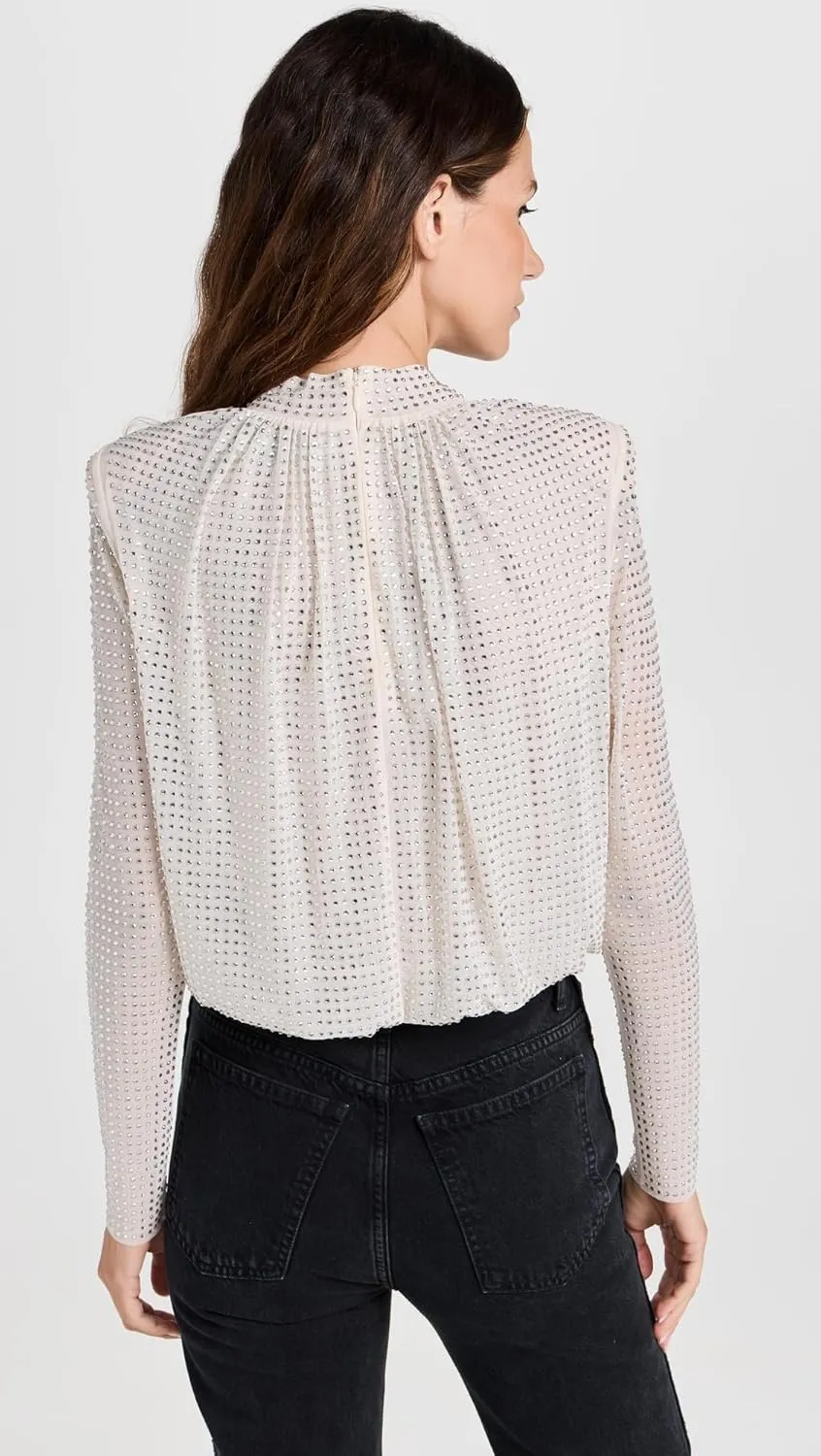 Women's Cream Rhinestone Mesh Top