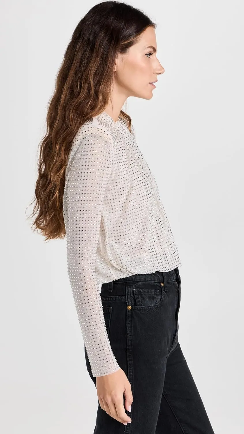 Women's Cream Rhinestone Mesh Top
