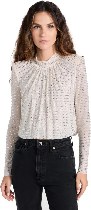 Women's Cream Rhinestone Mesh Top