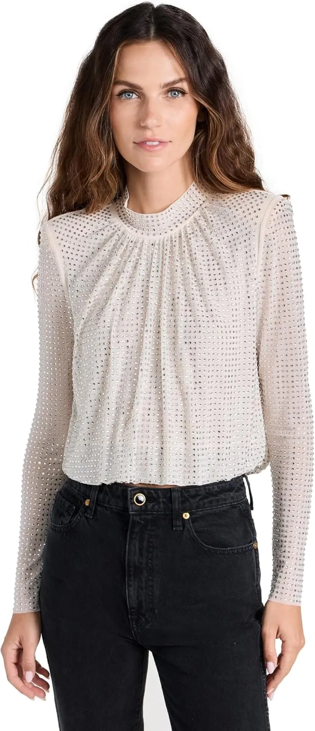 Women's Cream Rhinestone Mesh Top