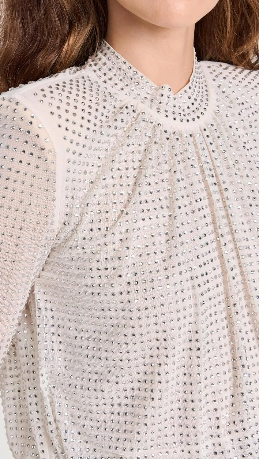 Women's Cream Rhinestone Mesh Top