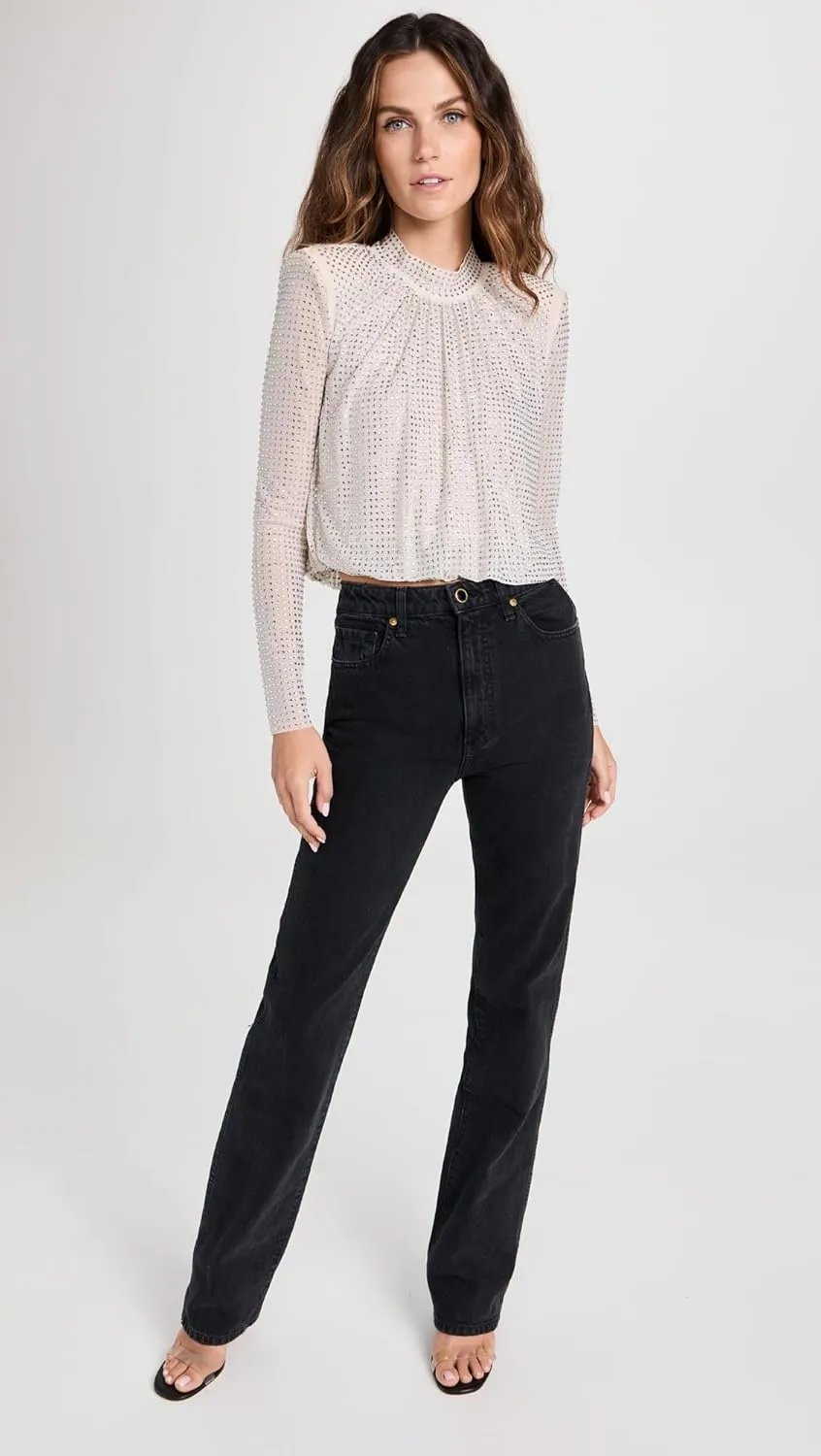 Women's Cream Rhinestone Mesh Top