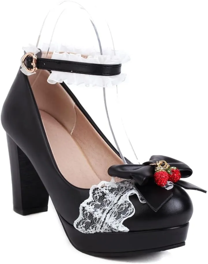 Women's Cute Buckle Chunky Block Mary Jane Bow Heels, Kawaii Ankle Strap Mary Jane Pumps, Vintage Almond Closed Toe Dress Platform Lolita Shoes