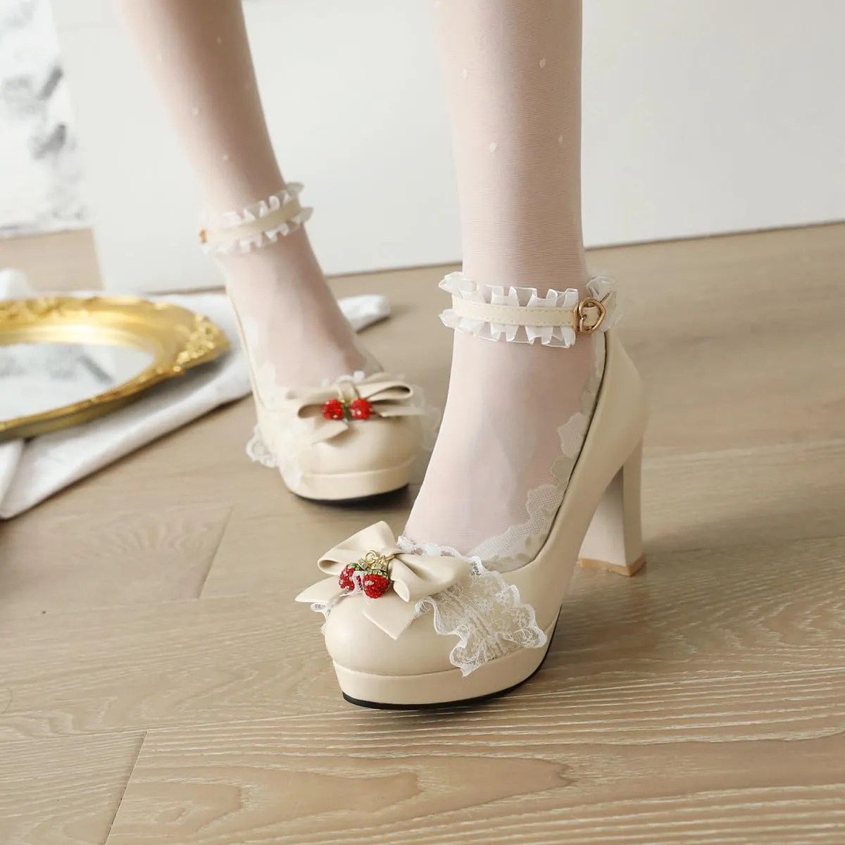 Women's Cute Buckle Chunky Block Mary Jane Bow Heels, Kawaii Ankle Strap Mary Jane Pumps, Vintage Almond Closed Toe Dress Platform Lolita Shoes