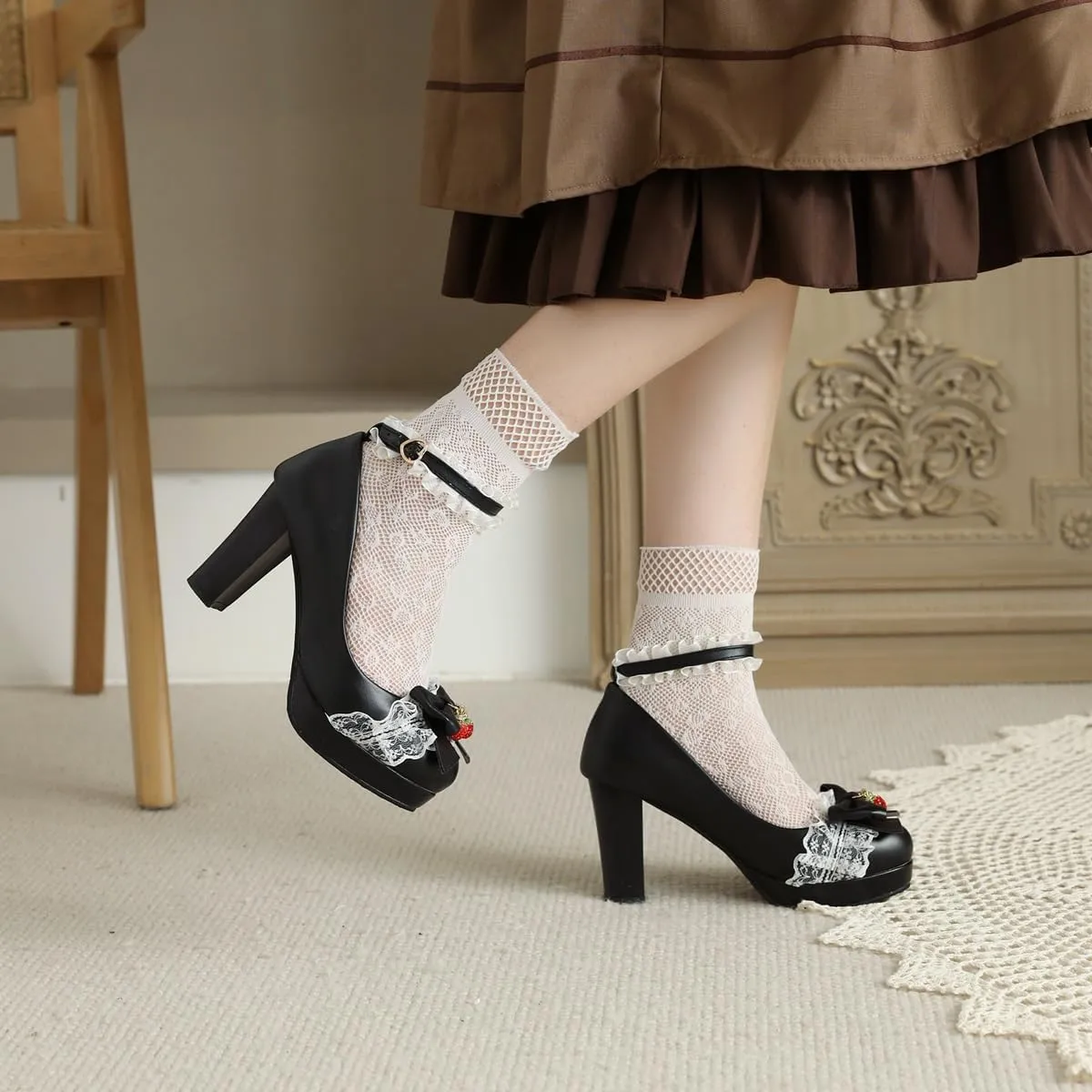 Women's Cute Buckle Chunky Block Mary Jane Bow Heels, Kawaii Ankle Strap Mary Jane Pumps, Vintage Almond Closed Toe Dress Platform Lolita Shoes