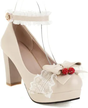 Women's Cute Buckle Chunky Block Mary Jane Bow Heels, Kawaii Ankle Strap Mary Jane Pumps, Vintage Almond Closed Toe Dress Platform Lolita Shoes