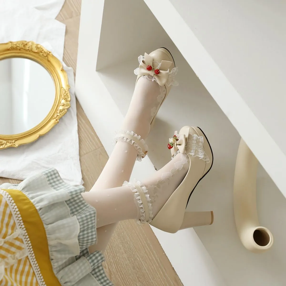 Women's Cute Buckle Chunky Block Mary Jane Bow Heels, Kawaii Ankle Strap Mary Jane Pumps, Vintage Almond Closed Toe Dress Platform Lolita Shoes