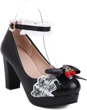 Women's Cute Buckle Chunky Block Mary Jane Bow Heels, Kawaii Ankle Strap Mary Jane Pumps, Vintage Almond Closed Toe Dress Platform Lolita Shoes