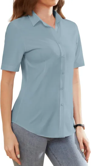 Womens Dress Shirts Wrinkle-Free Button Down Short Sleeve Shirts for Women Collared Work Shirt