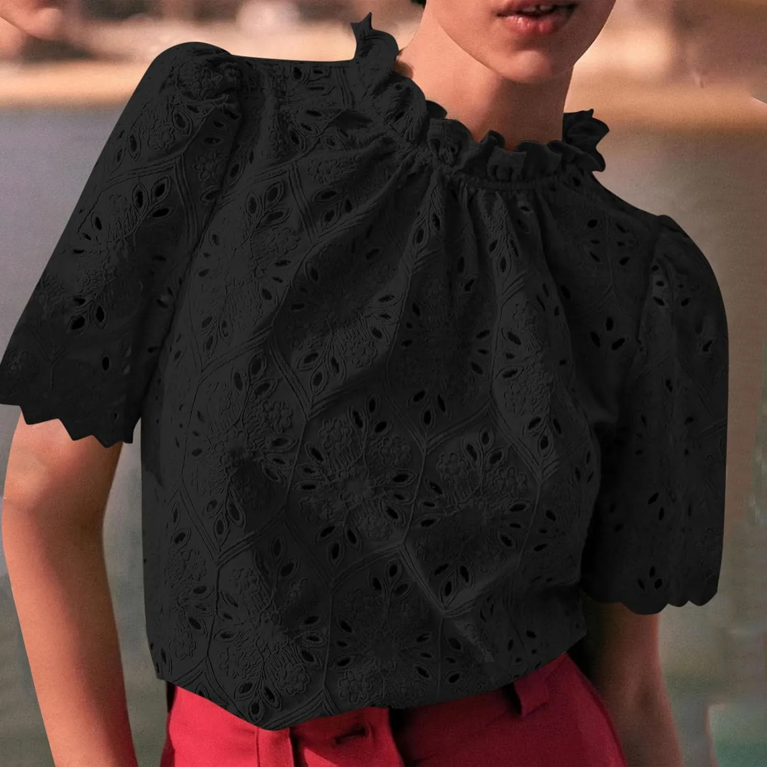 Womens Elbow Length Mock Neck Crochet Jacquard Tops Dressy Elegant Blouse Trendy Casual Hollow Out Shirts