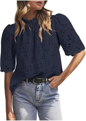 Womens Elbow Length Mock Neck Crochet Jacquard Tops Dressy Elegant Blouse Trendy Casual Hollow Out Shirts
