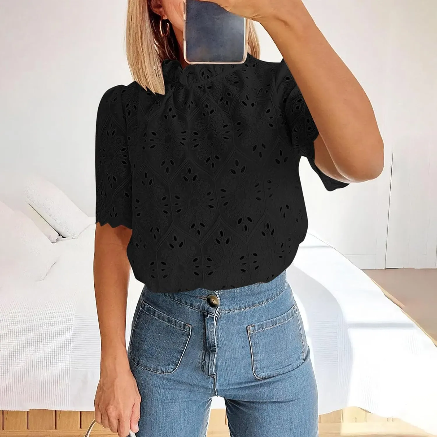 Womens Elbow Length Mock Neck Crochet Jacquard Tops Dressy Elegant Blouse Trendy Casual Hollow Out Shirts