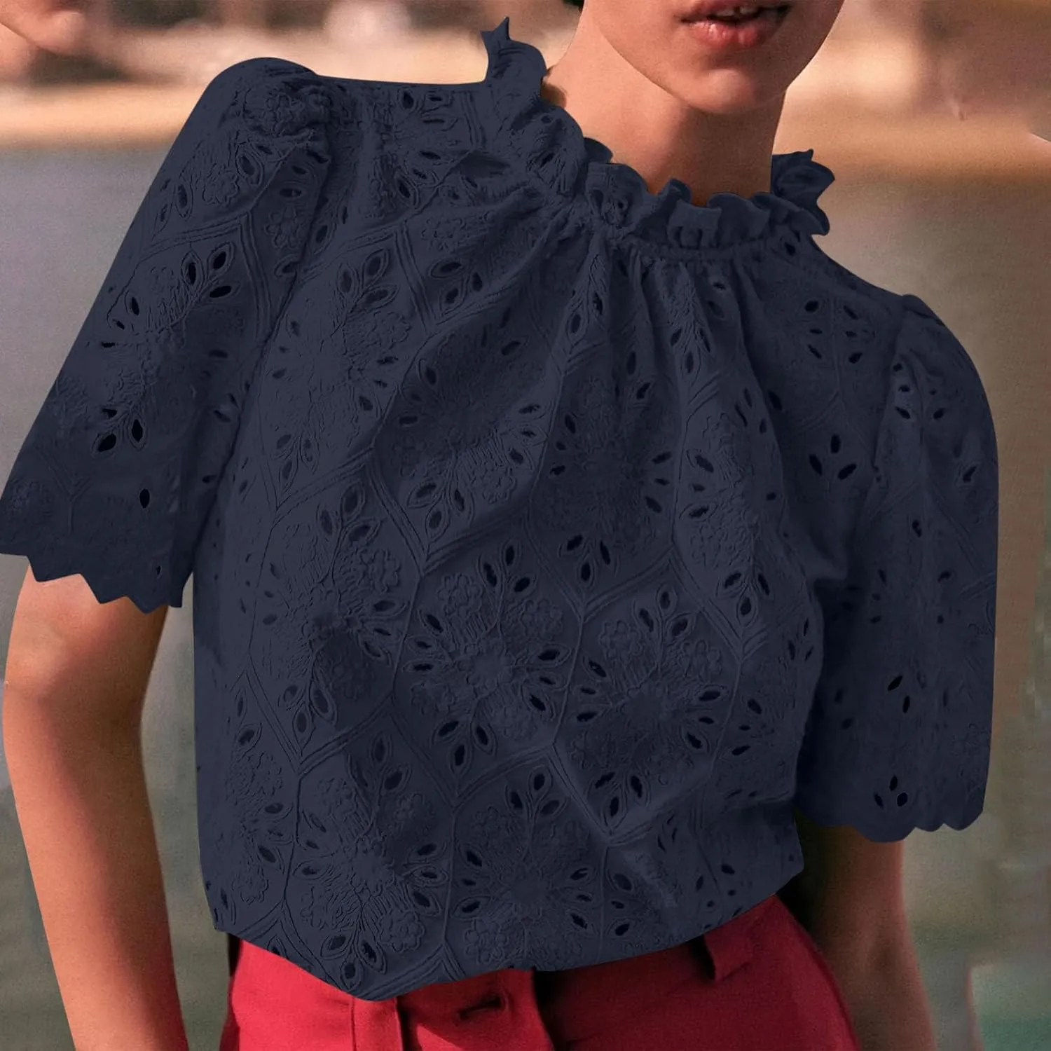 Womens Elbow Length Mock Neck Crochet Jacquard Tops Dressy Elegant Blouse Trendy Casual Hollow Out Shirts