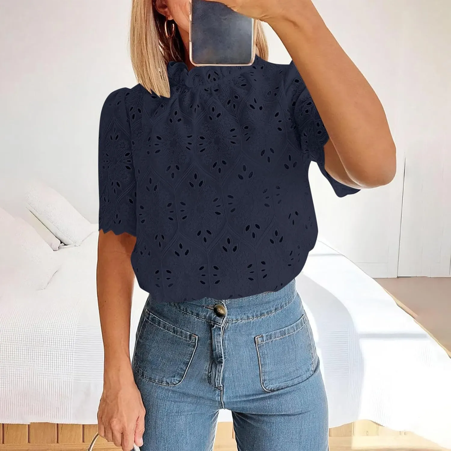 Womens Elbow Length Mock Neck Crochet Jacquard Tops Dressy Elegant Blouse Trendy Casual Hollow Out Shirts