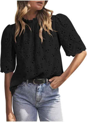 Womens Elbow Length Mock Neck Crochet Jacquard Tops Dressy Elegant Blouse Trendy Casual Hollow Out Shirts