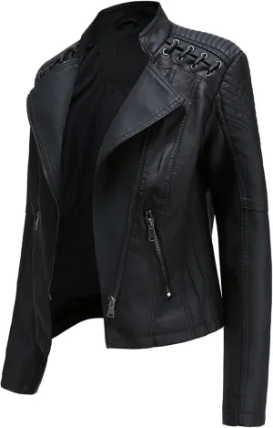 Women's Faux Leather Moto Jacket Slim Thin Leather Jacket
