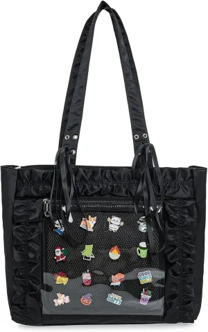 Womens Girls Tote Ita Bag Bowknot Wrinkled Edge Shoulder Bag Kawaii Purses and Handbags with Pin Display