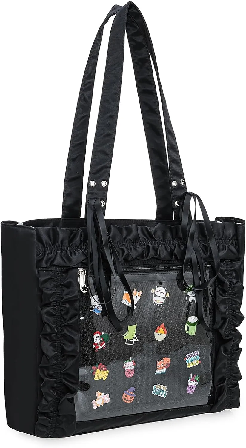 Womens Girls Tote Ita Bag Bowknot Wrinkled Edge Shoulder Bag Kawaii Purses and Handbags with Pin Display