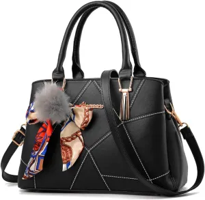 Womens Leather Handbags Purses Top-handle Totes Satchel Shoulder Bag for Ladies With Pompon and Bowknot