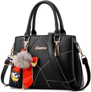 Womens Leather Handbags Purses Top-handle Totes Satchel Shoulder Bag for Ladies With Pompon and Bowknot
